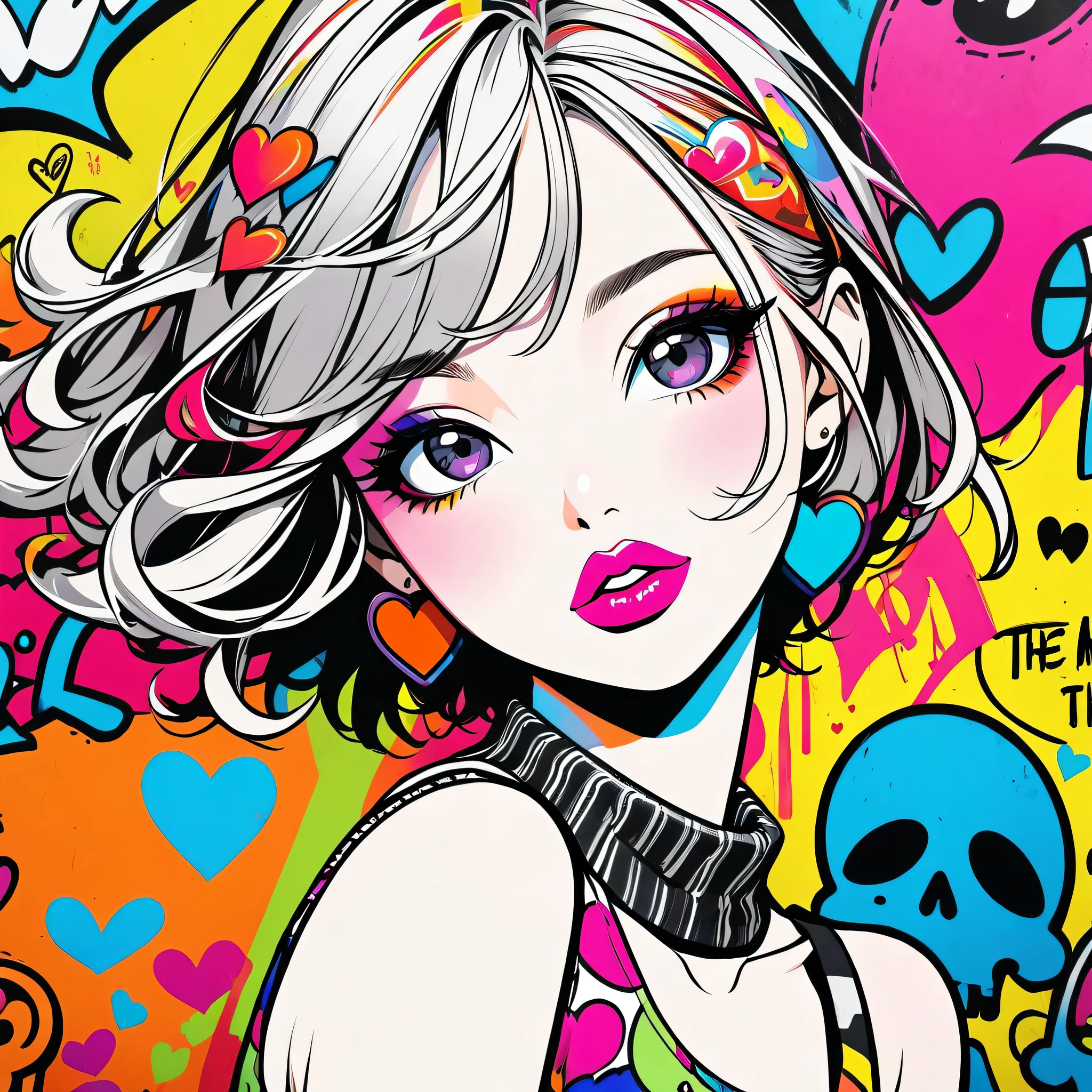 Ultra-realism Keith Haring colorful style, Simple Line Initialism,Abstract art,(((The most beautiful girl of all time))), Sweet face. Lips in love, colorful hearts, stylish design, Summer Skull fashion, Dark Eyes, Graffiti on the wal