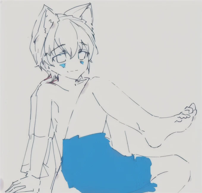 Werewolf girl,Pencil Sketch,Anime illustrations,Naked Boy,Blue swimming trunks,A comfortable sitting posture,Soft Lighting