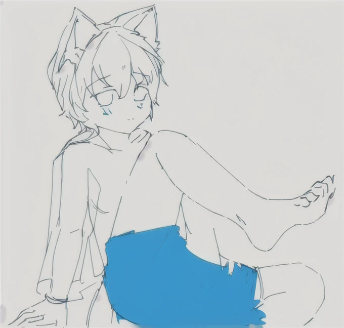 Werewolf girl,Pencil Sketch,Anime illustrations,Naked Boy,Blue swimming trunks,A comfortable sitting posture,Soft Lighting