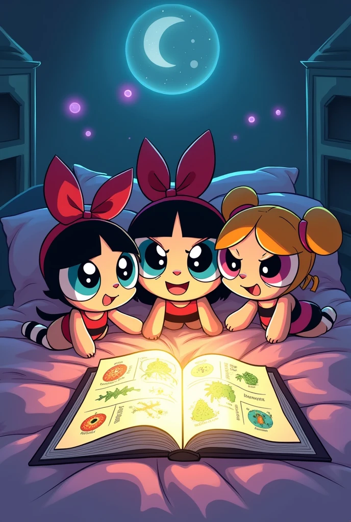 Create a comic strip cover for powerpuff girls with the title "The Powerpuff Girls and the Origins of Life: A Bedtime Adventure" blossom, bubbles, and buttercup laying in bed with a glowing book saying life and its beginnings with biology designs WRITING AND PRODUCTION JAIRA R. CRISOSTOMO