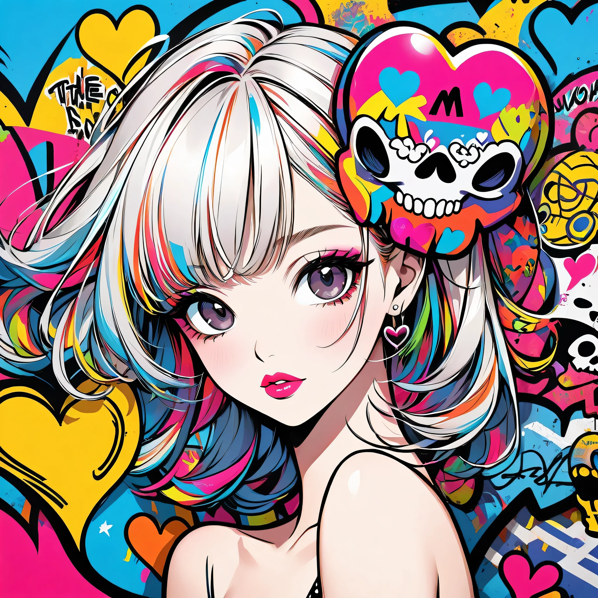 Ultra-realism Keith Haring colorful style, Simple Line Initialism，Abstract art，(((The most beautiful girl of all time))), Sweet face. Lips in love, colorful hearts, stylish design, Summer Skull fashion, Dark Eyes, Graffiti on the wal