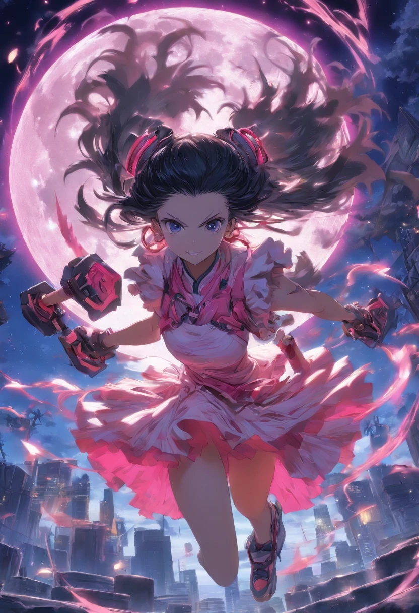 Pink and white dress、Long twin tails with black hair、Carrying a fantastical pink circular saw bladeを手に持つ、Full moon night、woman、Small breasts、