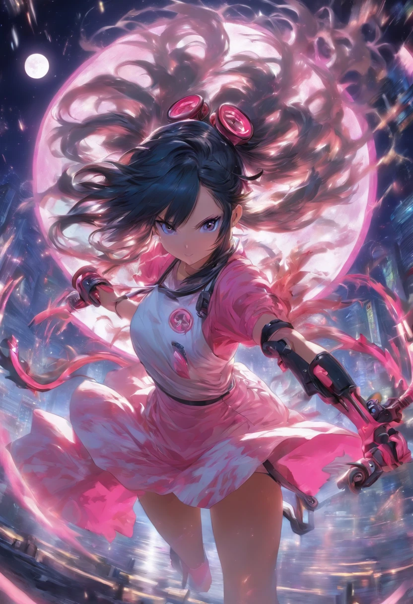 Pink and white dress、Long twin tails with black hair、Carrying a fantastical pink circular saw bladeを手に持つ、Full moon night、woman、Small breasts、