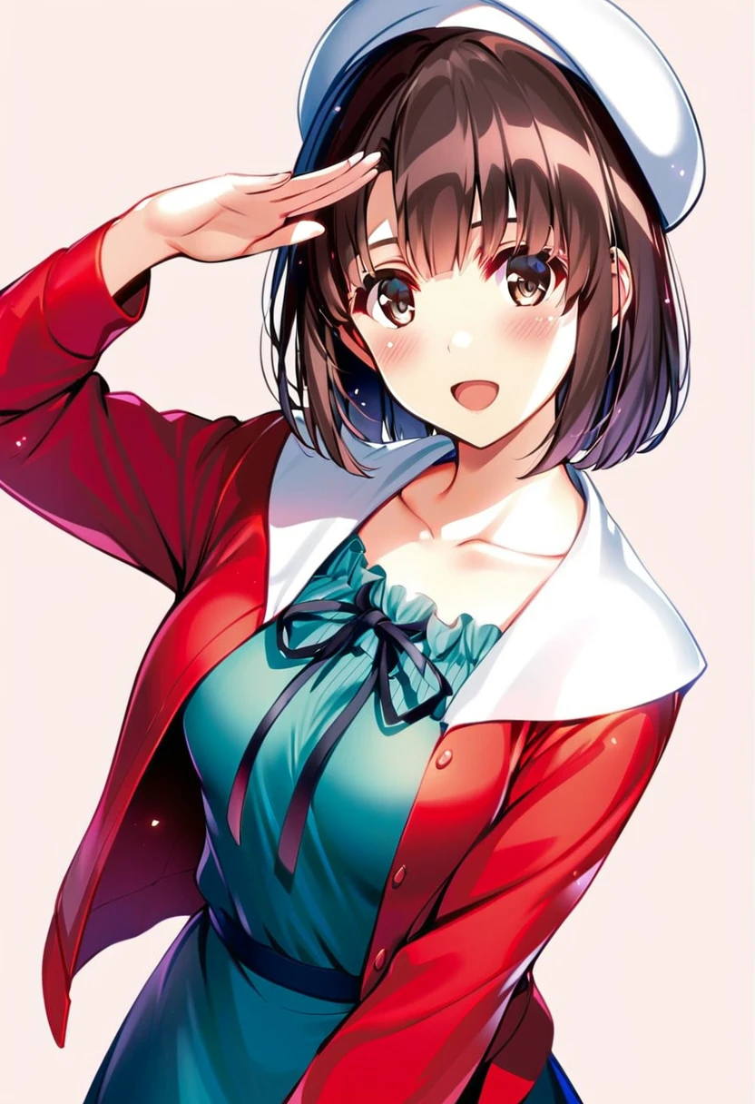 katou megumi, 1girl, solo, bangs, brown hair, hat, white headwear, dress, white background, looking at viewer, simple background, brown eyes, open mouth, short hair, ribbon, jacket, red jacket, black ribbon, blush, open clothes, smile, beret, salute, open jacket, arm behind back, collarbone, neck ribbon, long sleeves, :d, upper body, 