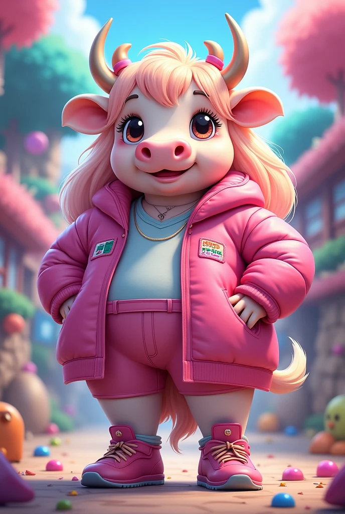 Plus size curvy cow with blonde and pink long hair and kawaii pink gamer outfit