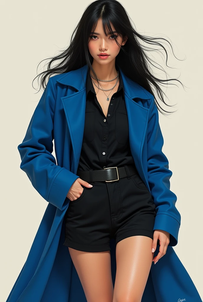 A woman, , with long black hair, wearing a black shirt under a blue coat, black shorts, and black shoes.