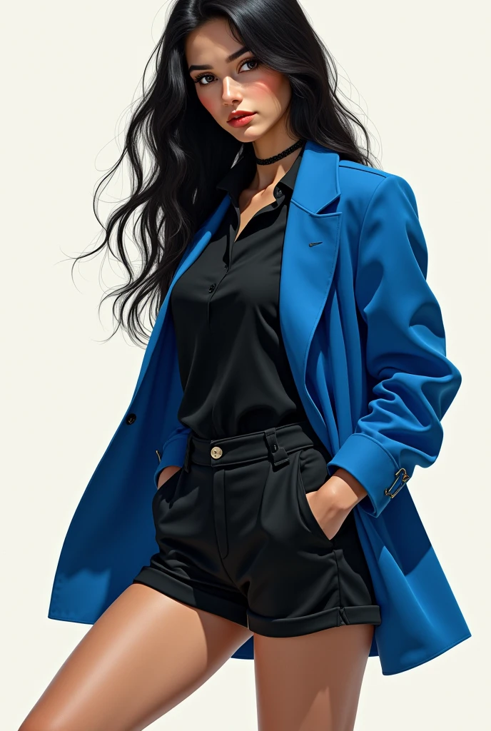 A woman, , with long black hair, wearing a black shirt under a blue coat, black shorts, and black shoes.