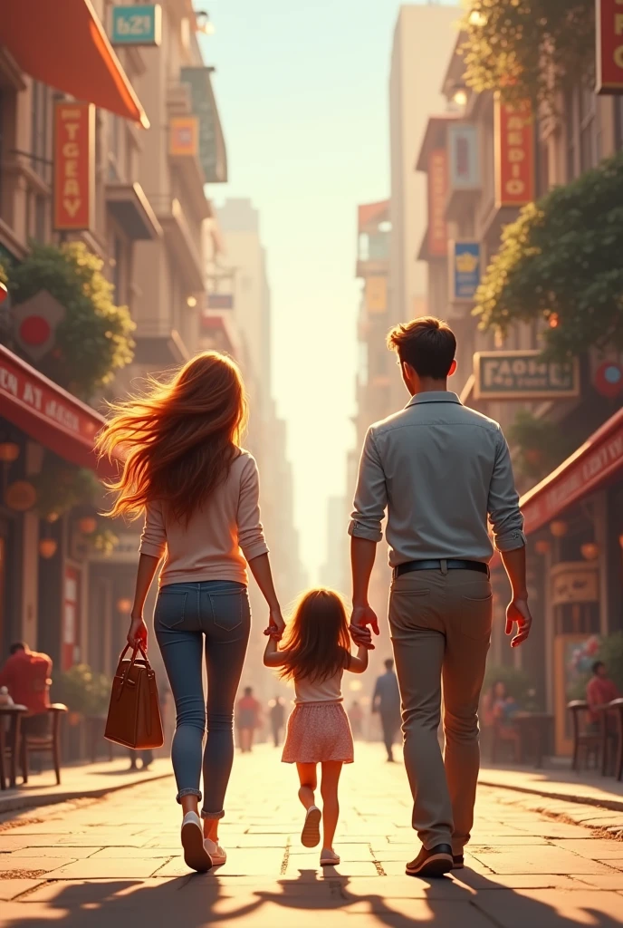 A couple with a long-haired daughter walking down a street