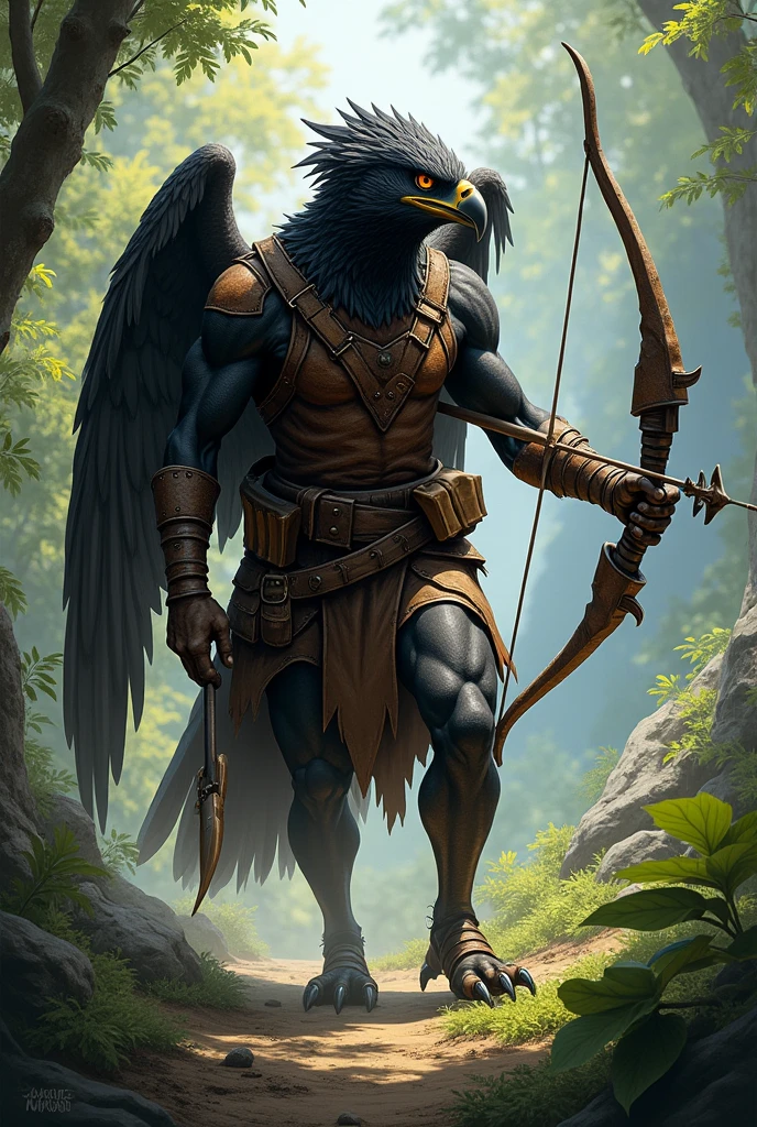 A Black Aarakocra, ranger, wearing leather armor using his bow and arrow to hunt, WITH A HAWK'S FACE, showing the whole body, looking fierce