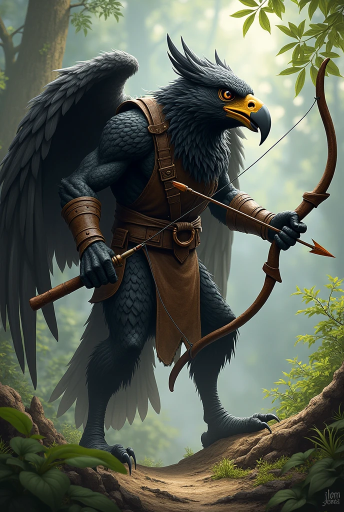 A Black Aarakocra, ranger, wearing leather armor using his bow and arrow to hunt, WITH A HAWK&#39;S FACE, showing the whole body, looking fierce