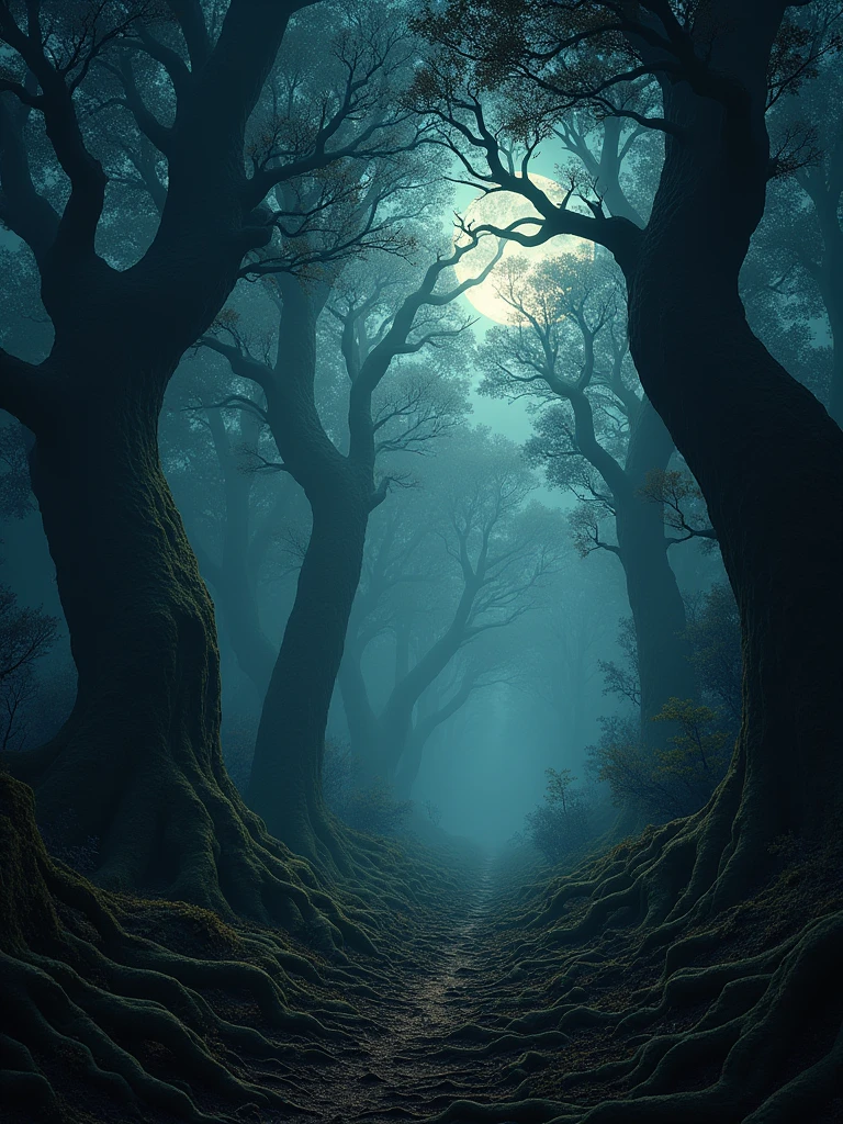 An ancient, dense forest under the cover of night, where towering trees with twisted branches block out most of the moonlight. The darkness is deep and impenetrable, with only faint beams of light filtering through the canopy, casting eerie shadows on the forest floor. The air is thick with fog, and the silence is broken by the distant sounds of unknown creatures. Gnarled roots and vines cover the ground, leading to a mysterious, hidden path that disappears into the darkness. The atmosphere is ominous, filled with an unsettling sense of being watched by unseen eyes, as the forest holds countless secrets within its depths.