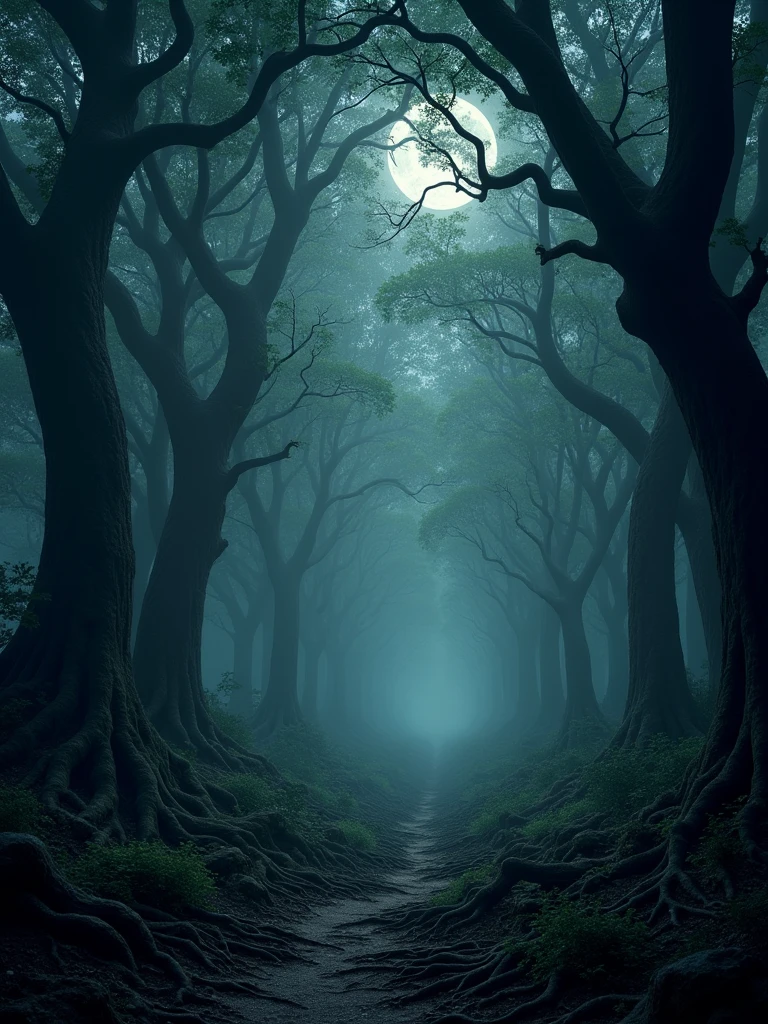 An ancient, dense forest under the cover of night, where towering trees with twisted branches block out most of the moonlight. The darkness is deep and impenetrable, with only faint beams of light filtering through the canopy, casting eerie shadows on the forest floor. The air is thick with fog, and the silence is broken by the distant sounds of unknown creatures. Gnarled roots and vines cover the ground, leading to a mysterious, hidden path that disappears into the darkness. The atmosphere is ominous, filled with an unsettling sense of being watched by unseen eyes, as the forest holds countless secrets within its depths.