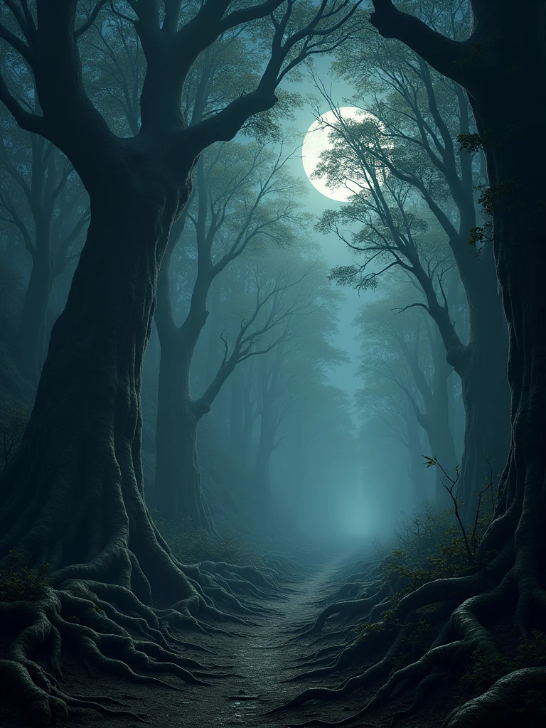An ancient, dense forest under the cover of night, where towering trees with twisted branches block out most of the moonlight. The darkness is deep and impenetrable, with only faint beams of light filtering through the canopy, casting eerie shadows on the forest floor. The air is thick with fog, and the silence is broken by the distant sounds of unknown creatures. Gnarled roots and vines cover the ground, leading to a mysterious, hidden path that disappears into the darkness. The atmosphere is ominous, filled with an unsettling sense of being watched by unseen eyes, as the forest holds countless secrets within its depths.