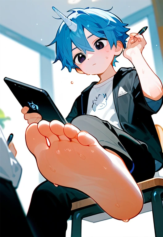 wallpaper,A cute boy showing his feet,sit on the chair,Behind the table,Low Angle,Hold a pen in your right hand,Hold the tablet in your left hand,Black eyes,barefoot,Blue Hair,头上有一个蓝色的Unicorn,Unicorn,black eyes,White T-shirt,Black jacket,Black pants,Sweating on the soles of the feet,Five toes