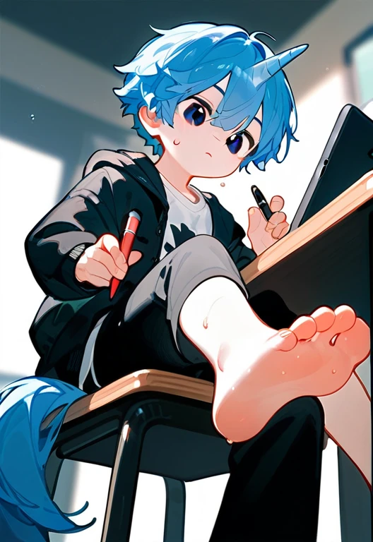 wallpaper,A cute boy showing his feet,sit on the chair,Behind the table,Low Angle,Hold a pen in your right hand,Hold the tablet in your left hand,Black eyes,barefoot,Blue Hair,头上有一个蓝色的Unicorn,Unicorn,black eyes,White T-shirt,Black jacket,Black pants,Sweating on the soles of the feet,Five toes