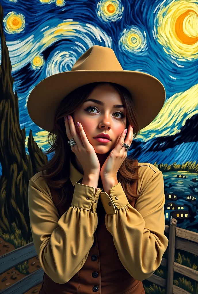 A cowgirl with her hands on either side of her face and a ring on her hand from the artwork The Scream and the Starry Night by Bank.