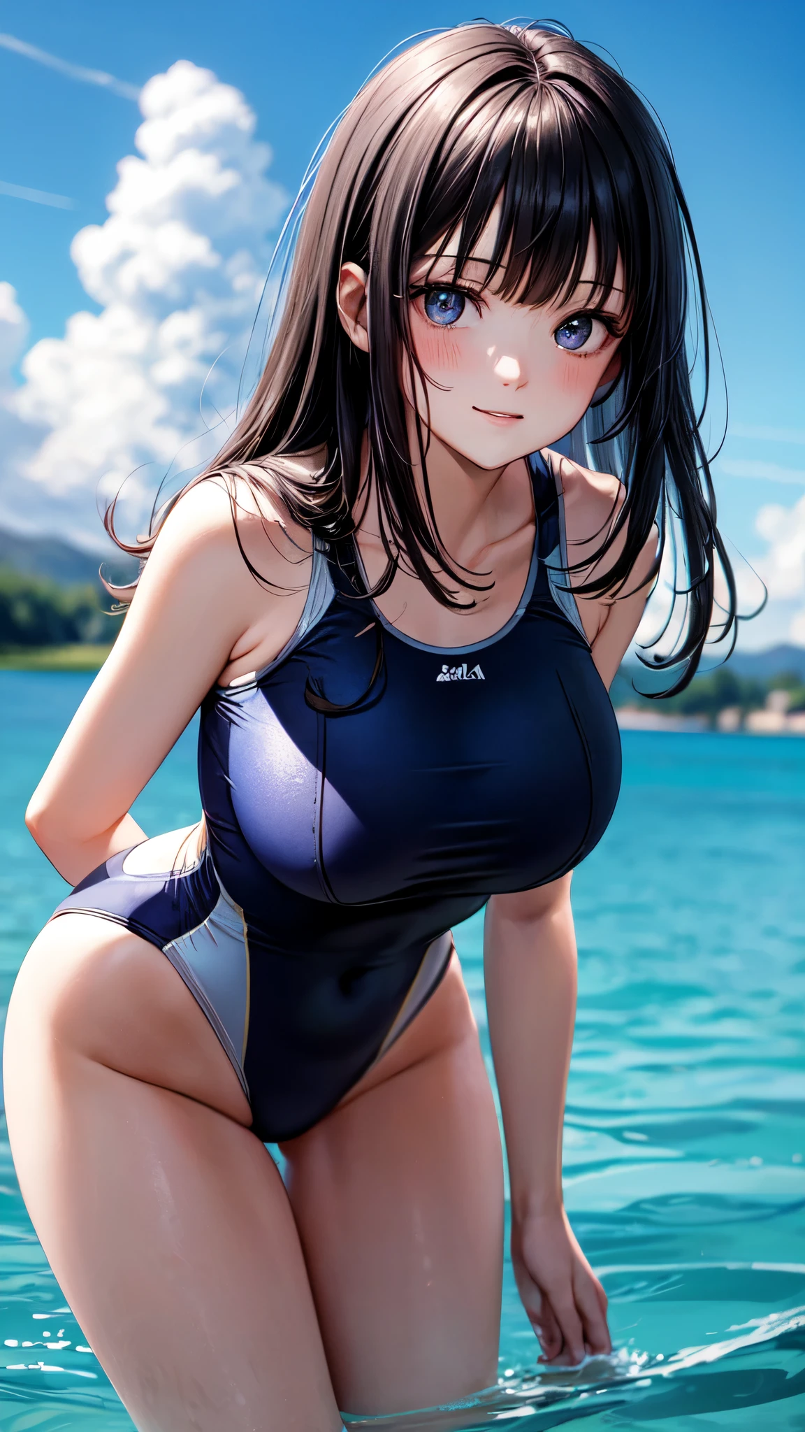 ((masterpiece,best quality,ultra detailed,high resolution)),(daytime,clear weather,lighting forward,lighting front),from front,((solo)),(beautiful-woman,teenage),(black hair,long hair,blunt bangs,straight hair),(beautiful detailed face,beautiful detailed eyes),(finely detailed skin,fair skin),light smile,(one-piece competition swimsuit,navy swimsuit,impossible clothes),(on the beautiful lake,beautiful sky),(big breast,perky breast,big hip),((cowboy shot)),(arms behind back),(puffy nipples:0.5),leaning forward,