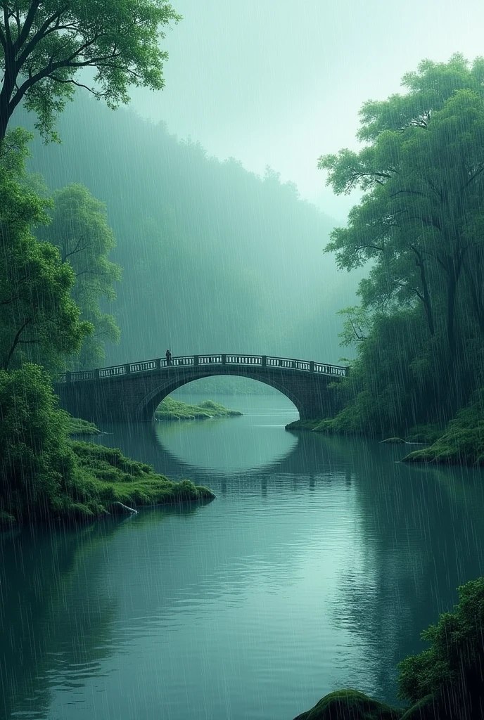 Rain pouring on a beautiful river with a bridge
