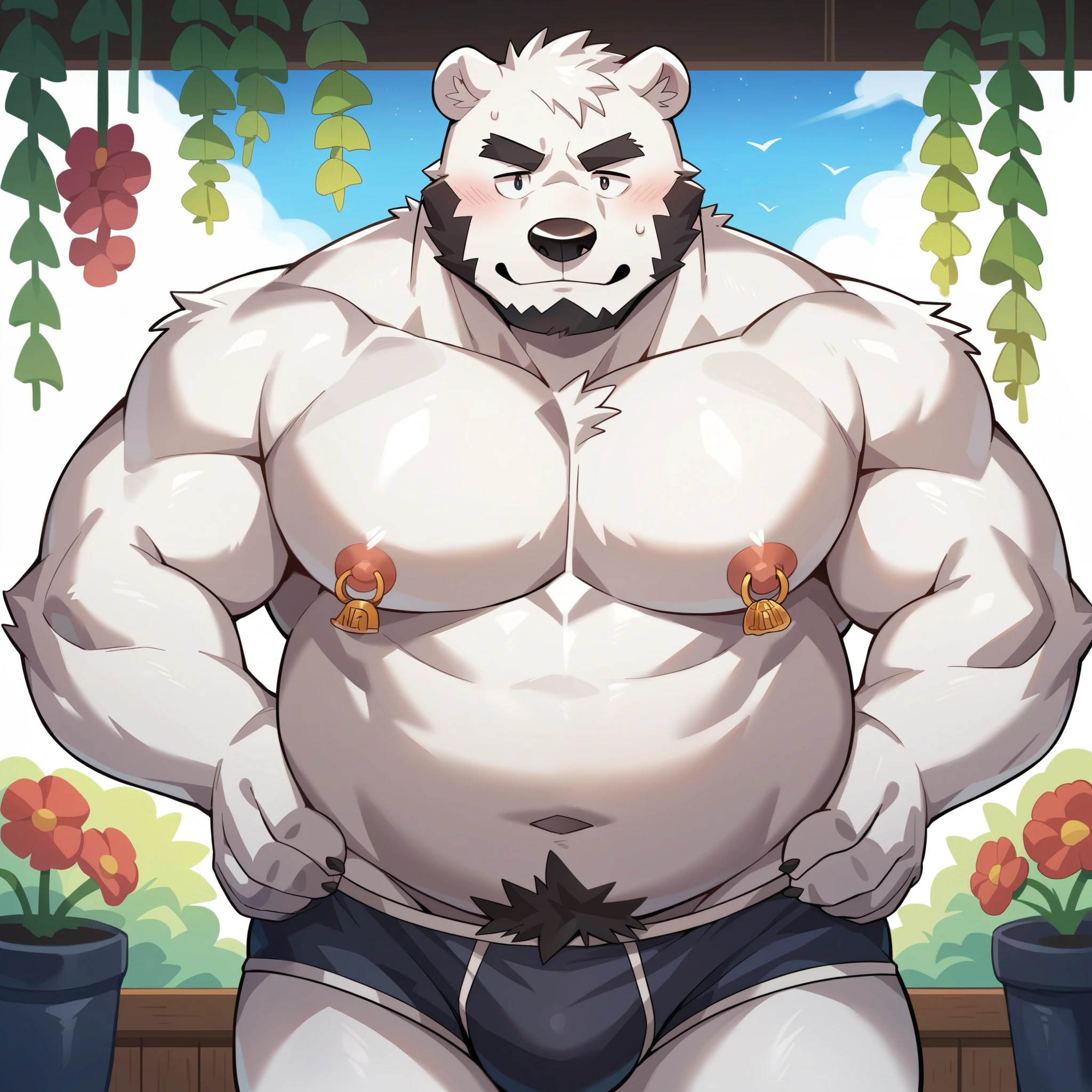 Scribble polar bear face,Humanity(polar bear),(Topless:1.3),Chubby,(Black eyebrows:1.1),(Perfect eyes),White fur，（artist:Takemoto Arashi），garden，（black fun underwear:1.3），paw，（black beard:1.3），（Nipple Rings:1.3），（Night Sky:1.3）