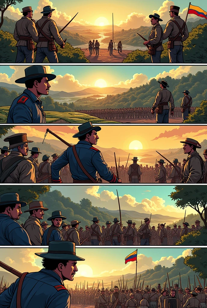 Create a comic strip that I can draw which includes all the rules of the comic strip but that the comic strip looks like Colombia in the fight for freedom against the Spanish