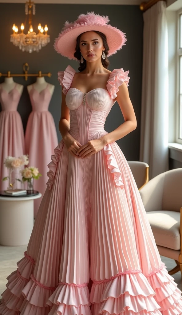 A stunning fashion model standing in a luxurious boutique, wearing an elegant, pleated gown that features a sophisticated blend of soft pink and cream tones. The gown has a structured bodice with a corset design, adorned with voluminous ruffles on the shoulders, waist, and hem, creating a dramatic and graceful silhouette. She completes the look with a matching pink hat that adds a touch of vintage charm. The boutique's setting is chic and modern, with sleek furniture and racks of high-end dresses in the background, emphasizing the high-fashion ambiance.
((luxurious boutique)), ((elegant pleated gown)), ((soft pink and cream tones)), ((structured bodice)), ((corset design)), ((voluminous ruffles)), ((dramatic silhouette)), ((matching pink hat)), ((vintage charm)), ((chic modern setting)), ((sleek furniture)), ((high-end dresses)) BREAK ((highres:1.5)), ((best quality:1.6)), ((fashion photography:1.4)), ((editorial style:1.3)).