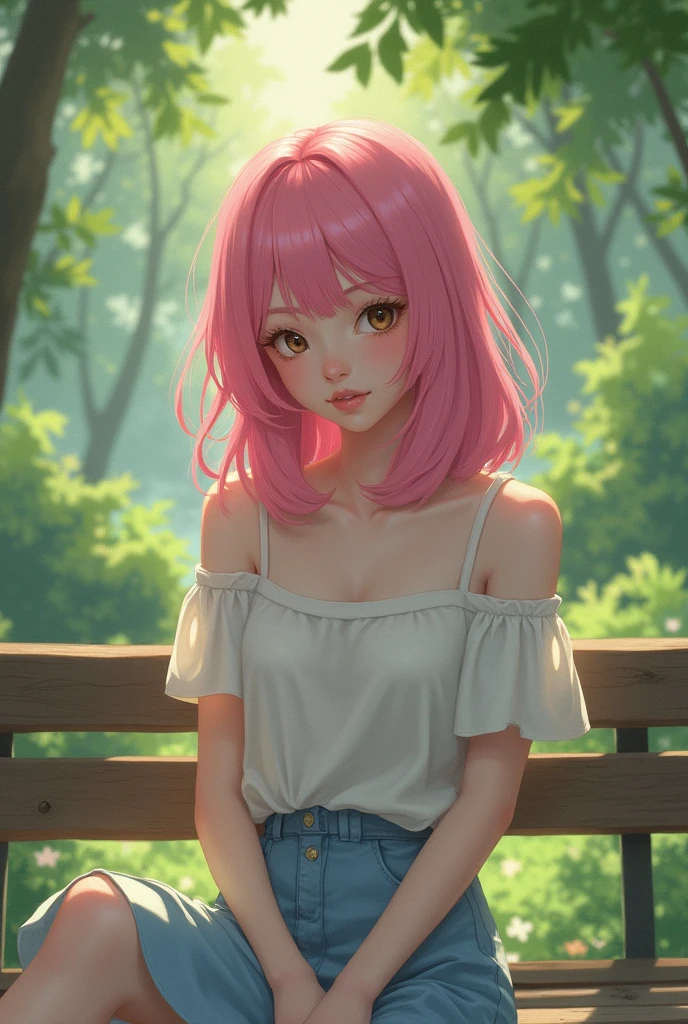 A woman with pink hair sits on a bench in the park.