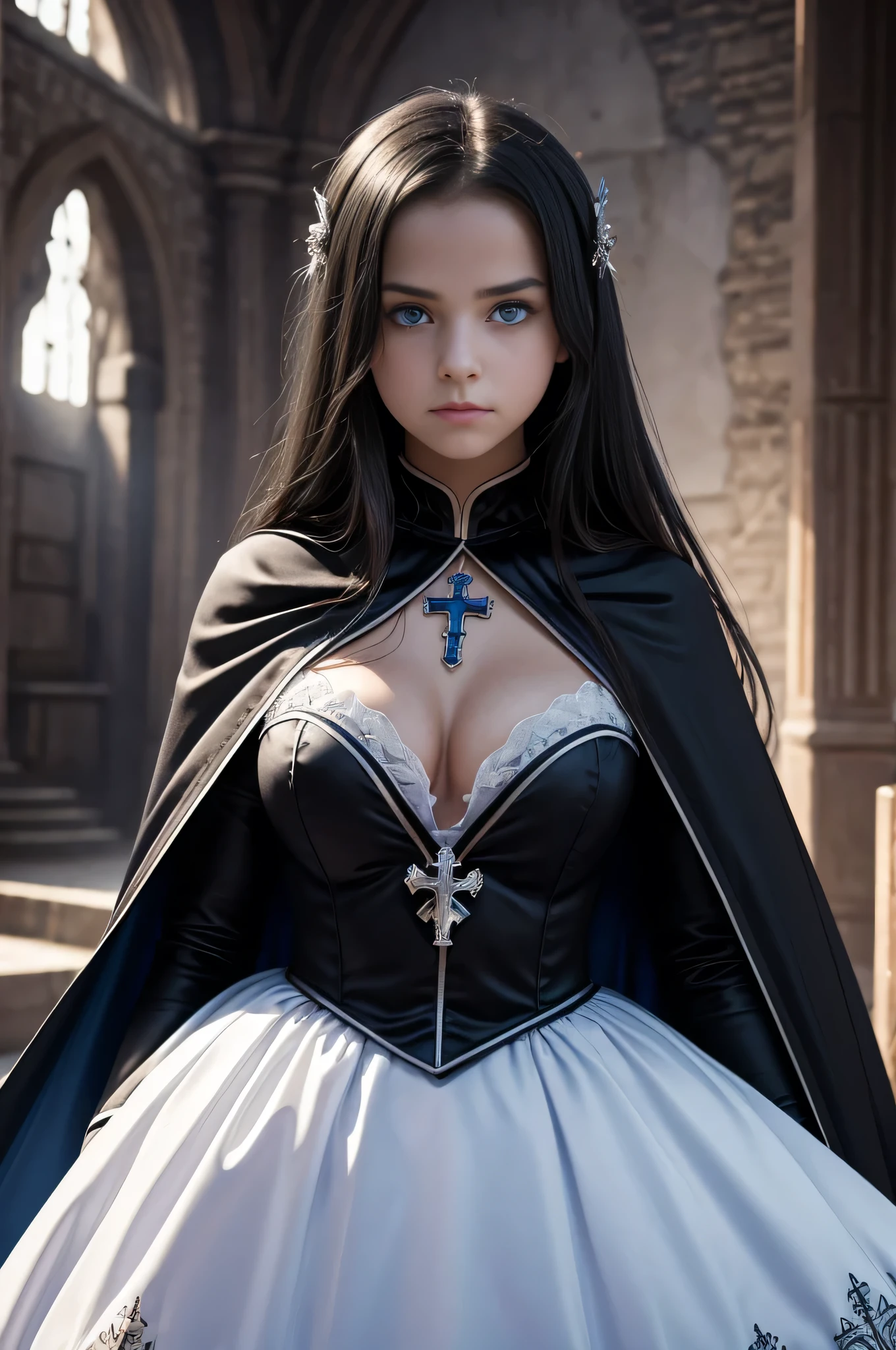 girl, evil, teen(1.3),13 yearsirl, small bre black hair and blue eyes, detailed face, ,cleavage, dress with cape, desing with christian cross ,background in prussia