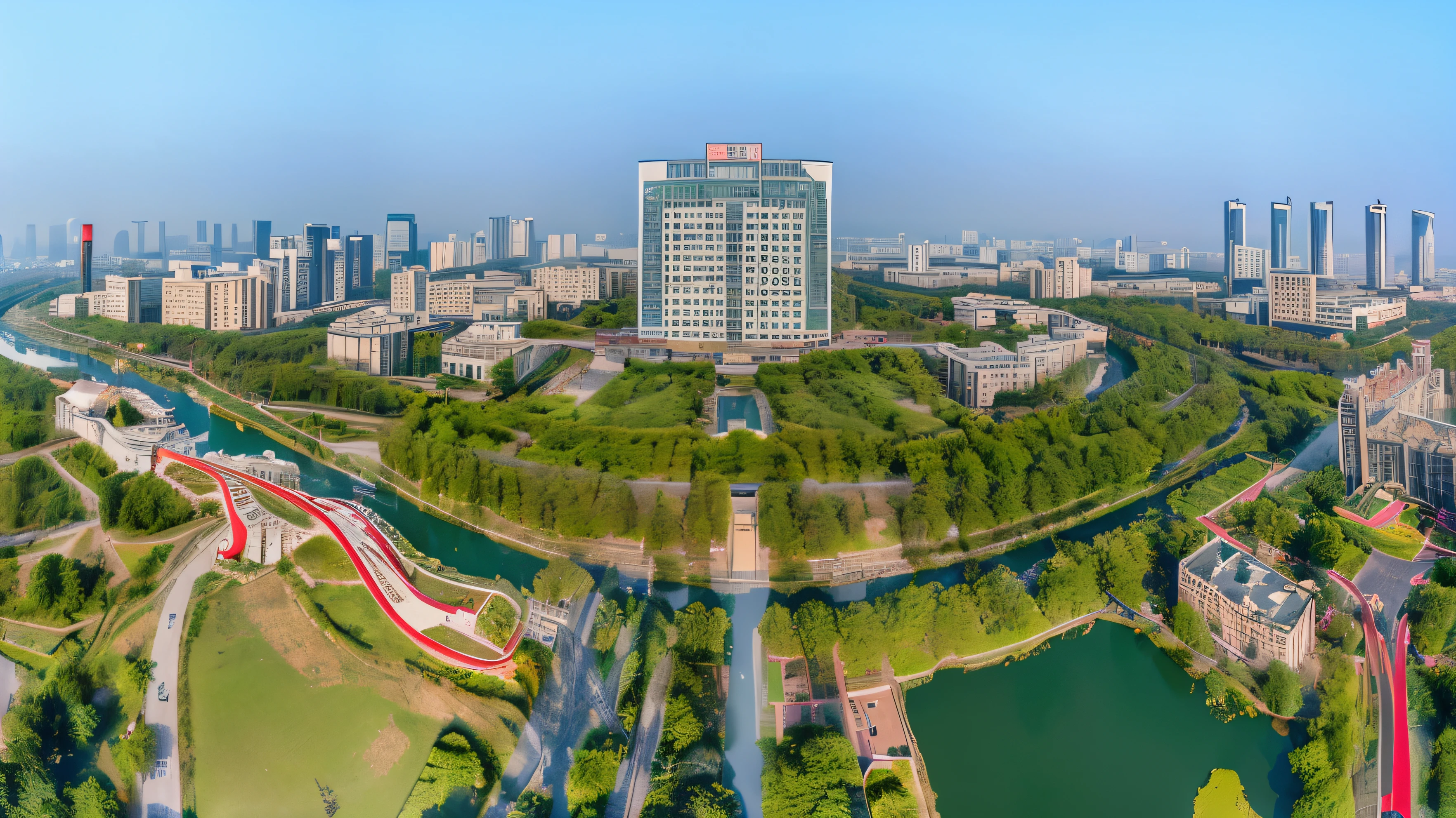 Aerial photo of Jiangsu University,A river runs through the park,There is also a red fitness track, Unobscured, ultra - Unobscured, riverside, Full view, panoramic, Ultra-wide-angle view, ruanjia, baotou china, Wide-angle lens, Wide-angle lens, Wide angle aerial shot, Wide-angle lens, The above points, Take a long-term view, Wide-angle field of view,Academic building,Iconic buildings,RAW,uhd,8k,Detailed Details,Best quality,Perfect color matching,Cinematic atmosphere,Masterpieces shot by international photography masters,National Geographic Photography Award Winners