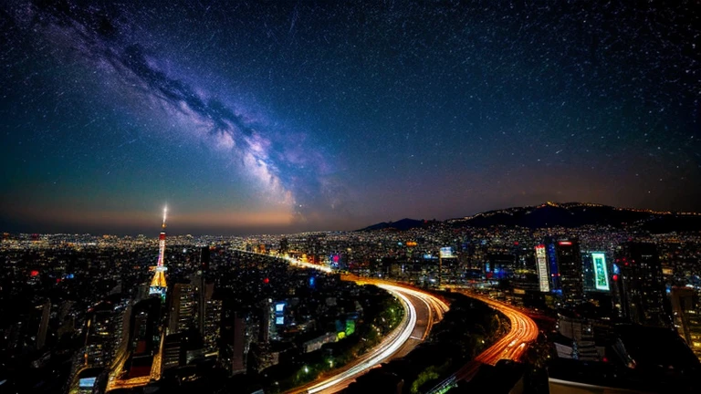 Giant crescent moon、high resolution、born、Standing at Tokyo Skytree、20-year-old woman、Night Scenery、Milky Way Galaxy、Andromeda Galaxy、Tokyo street corner、Flowing Lines of Light、