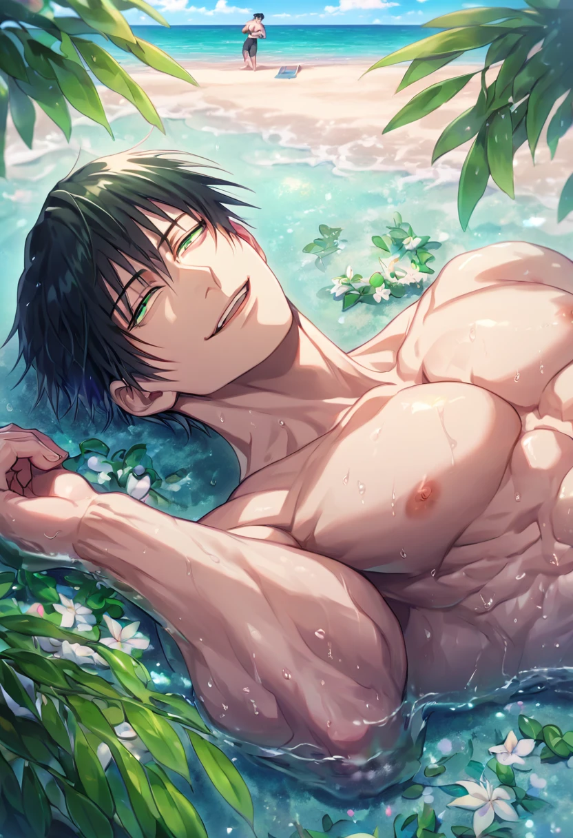 absurdres, highres, ultra detailed, HDR, master piece, Fushiguro Touji, black hair, expressive green eyes, without shirt, Jujutsu Kaisen, toned chest, bare chest, sexy man lying on the sand, handsome, best quality, beach, fantasy, magical, solo, water, sensual, ?????, green leaves, flowers, manly man, handsome smile, black underwear
