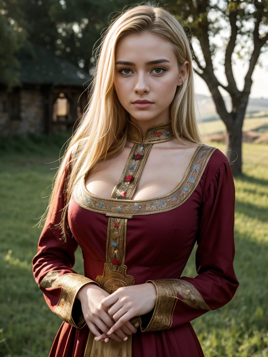 Gorgeous and busty (thin, slim, petite), young blonde peasant girl wearing a dark red medieval dress, long sleeves, intricate patterns, embroidery, wide neck, long dress, fitted dress, tight bodice, medieval jewelry, Middle Ages, fantasy medieval, outdoors, countryside, trees, fire in background, peasants in background, huge breasts, youthful and baby-faced, 18 years old, scared expression, crying