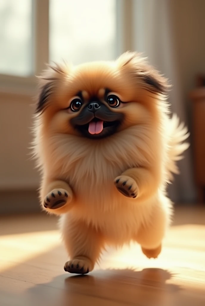 Create an image of a cute brown Pekingese dog dancing 