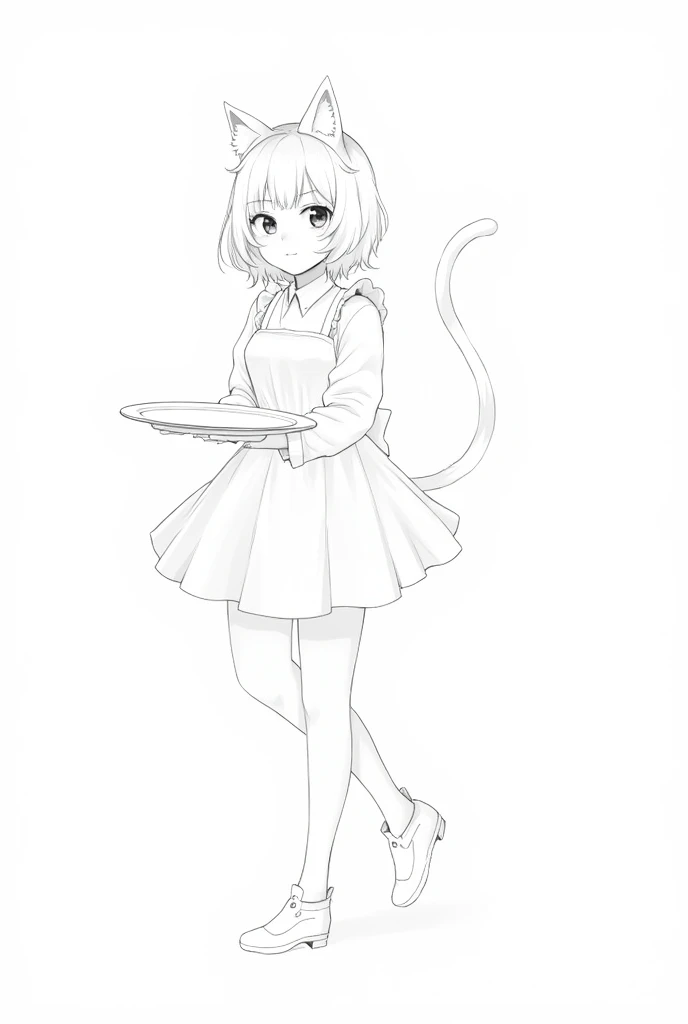 Jacques prevert black and white illustration art, illustration of a beautiful girl, cat ears, cat tail, tray in hand, maid suit, line draw, white simple background, --ar 2:3 --stylize 50