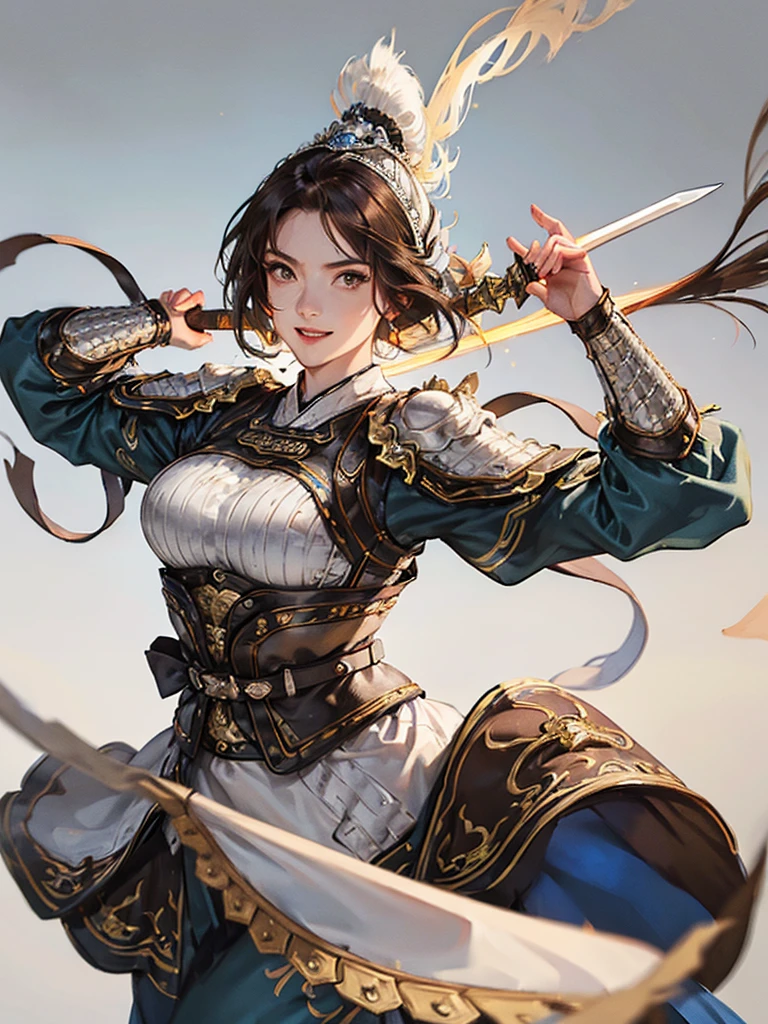 (no background:1.4), (cowboy shot), best quality, masterpiece, Solo, detailed beautiful girl, ancient Chinese armor, large breasts, (silver armor), (white cloth), short hair, brown hair, fascinator, helmet, smile, cheerful, holding sword, fur