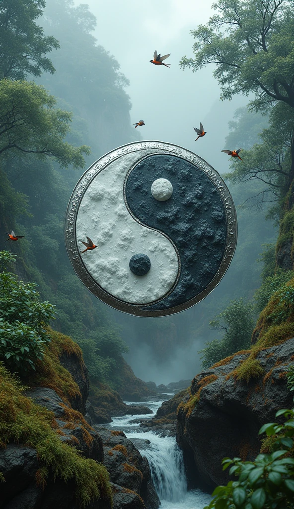 wild title word "YIN YANG", classical, green, wild, rustic, forest, jungle, plants, animals, strong, realistic, 8k ultra HD, technology, nano tech, silver, white, crystal clear, 3D, mythology, Sci-Fi, cool, Storm, Winter, globe, yin yang, small birds, logo word "YIN YANG"