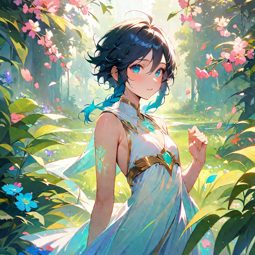 (best quality,4k,8k,highres,masterpiece:1.2),1boy,venti genshin impact,flat chest,ultra-detailed,realistic,plain loose white sleevelesss toga robe,morning of spring,sunlight reflection,body details,delicate strings,vibrant color palette,elegant curves,polished surface,delicate engravings,effects of light and shadow,subtle reflections,shimmering surface,sparkling gemstones,flower petals falling,transparent springtime essence,ethereal atmosphere,peaceful garden background,serene ambiance,morning dew,soft sunlight filtering through trees,lush plants,vividly colored blossoms,harmonious blend of nature and art,impeccable craftsmanship,transcendent beauty,awe-inspiring artwork,