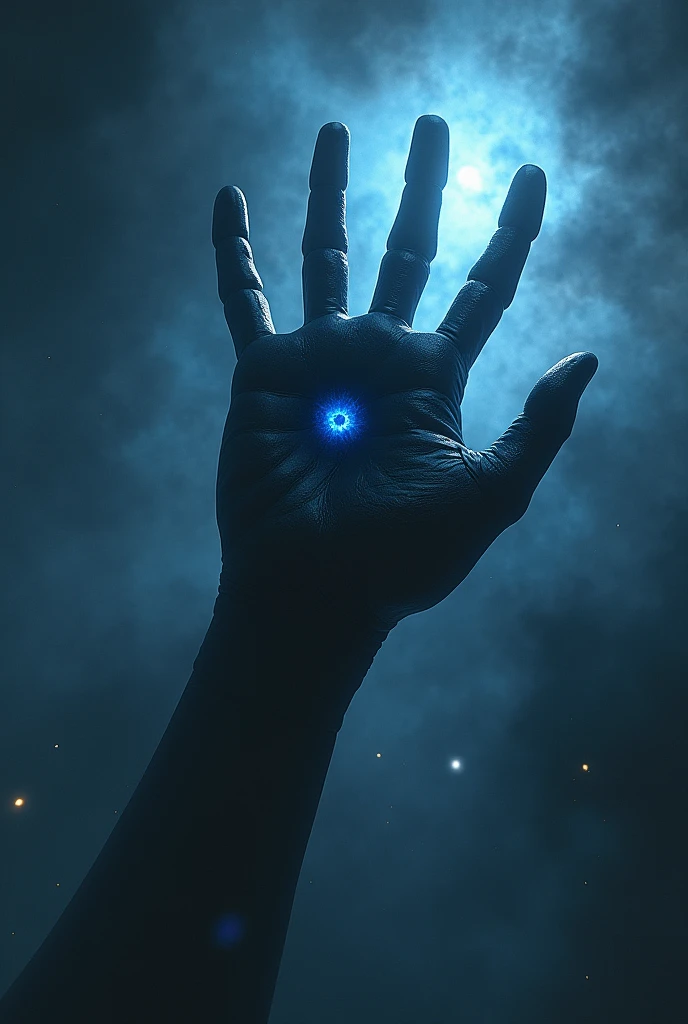 Terrifying space monster in the form of a severed hand. It is giant and floats through space. It is black.. It has a large eye in the palm, The color blue. The fingers are long and twisted, looking up.