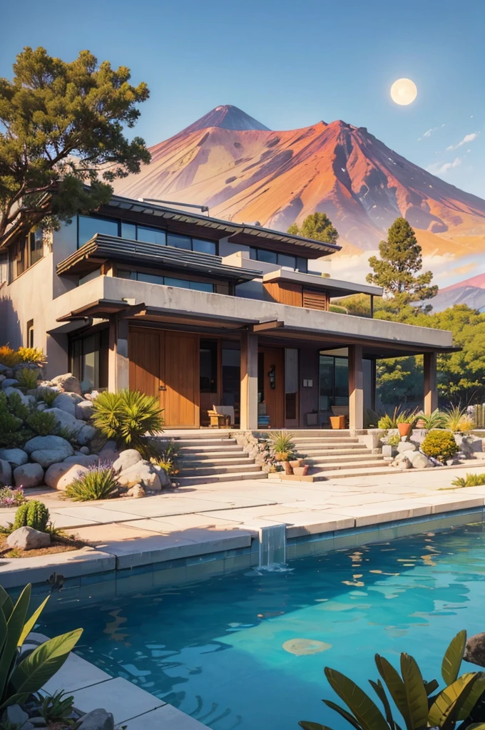 small and beautiful modern house in top of big boulders, terraces, pool, stairs, multiple cacti gardens, palms, trees, rocks, beautiful landscape design, mountains and volcano y background, amazing clouds, sun, moon, planets, milky way galaxy, concrete, wood, glass and steel materials, olive green, violet, orange and withe colors in facade