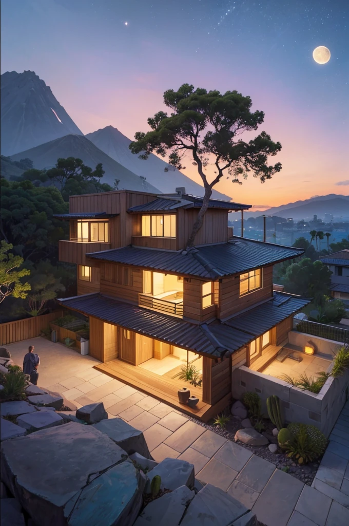 small and beautiful modern house in top of big boulders, terraces, pool, stairs, multiple cacti gardens, palms, trees, rocks, beautiful landscape design, mountains and volcano y background, amazing clouds, sun, moon, planets, milky way galaxy, concrete, wood, glass and steel materials, olive green, violet, orange and withe colors in facade