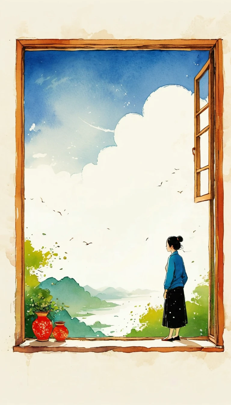 中国水墨画sketch:Light Ink,Lowercase,sketch,artistic conception,window,cloud,Minimalism,(((Negative Space,Bottom left composition)))
