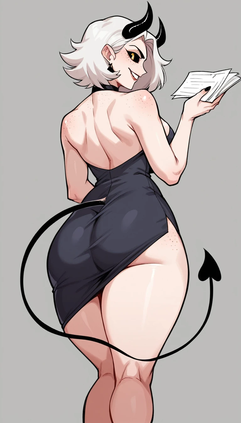 the best quality, super fine, 16k, incredibly absurd, extremely detailed, 2.5D, delicate and dynamic, a beautiful 40-year-old woman, mature woman, light red skins, horns. White hair, evil smile, yellow eyes, black sclera droopy eyes, black eyebrows, strong eyebrows, devil tail. High cheekbones, strong chin. Freckles. big thighs, voluptuous and wide hips, devil tail. Wearing a long black dress. Backwards, looking back (Looking at the wall), showing backside, showing back (back turned to the spectator view), turn off (standing in the office) legs open to the sides (legs open to the viewer) legs separed. solo (office scenary) (flirting in the office). Boss, rear, looking to spectator