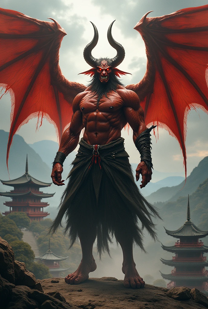 ((Tengu)) , Demon Soul concept art, Inspired by Lucas Graciano, Dark fantasy concept art, Dark Fantasy Character Design, greg rutkowski concept art, A muscular humanoid Balrog demon, Human Male Demon, Devil Man, Dark concept art, by Shen Zhou, Full body concept, Winged Humans, Black wings instead of arms(translucent,Reflex muscles),(Surrealism)Background Sengoku