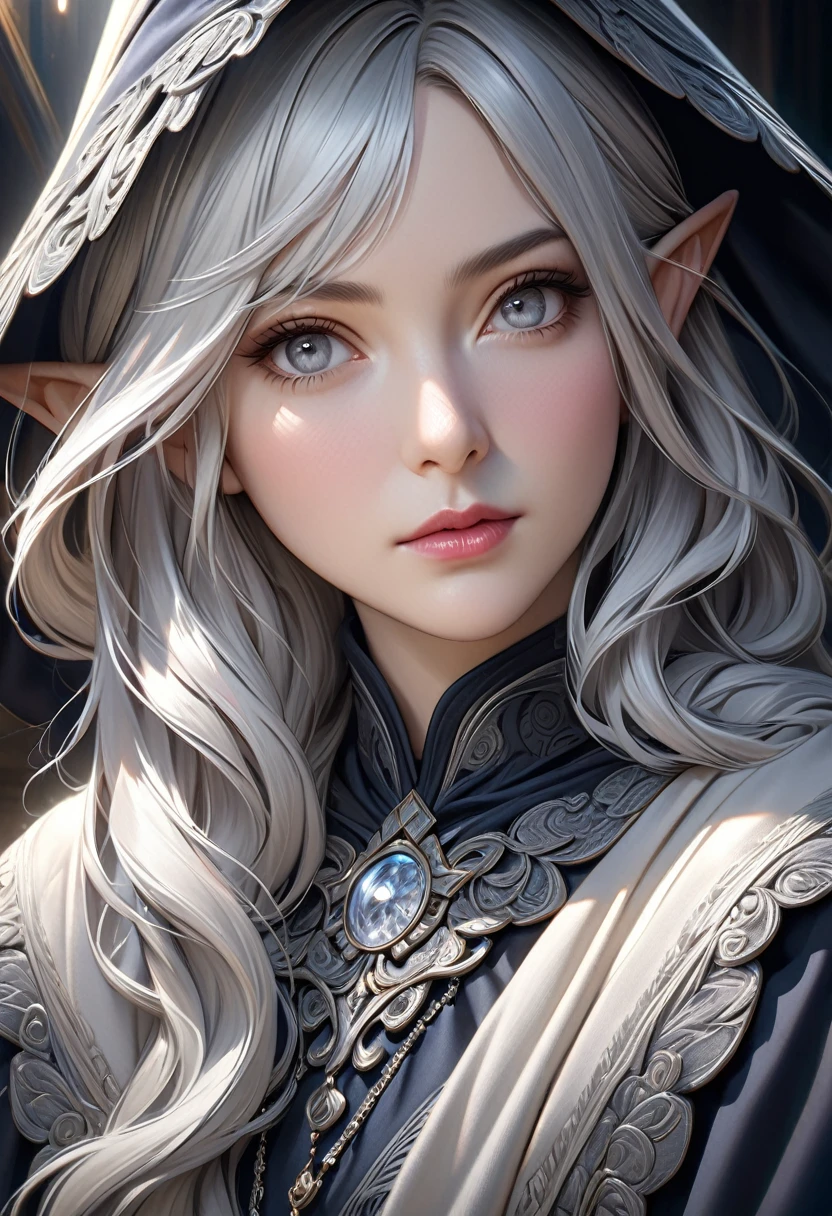 a mature elf woman with silver hair and grey eyes, intricate detailed portrait, elegant and mysterious wizard, highly detailed, fine art portrait, photorealistic, ultra-detailed, lifelike, hyper detailed, 8k, dramatic lighting, cinematic composition, beautiful, elegant, serene