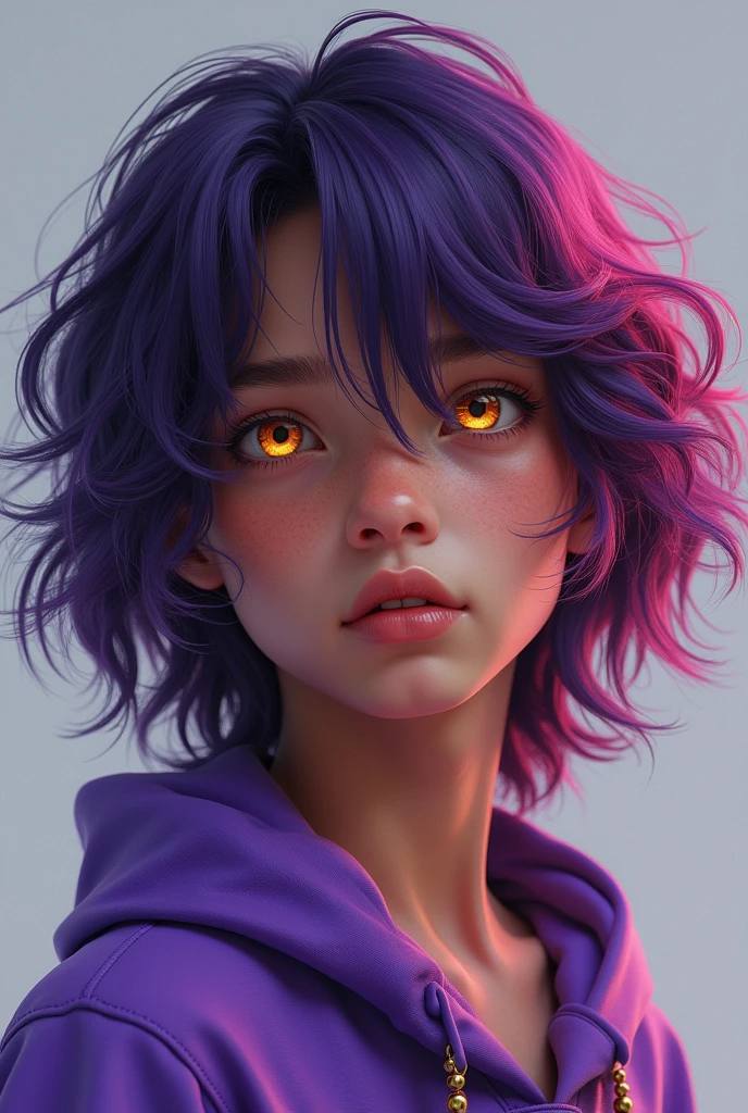 Purple-haired boy with wavy pink highlights,yellow eyes and brown skin wearing purple clothes