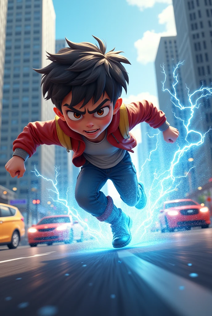 Cute energetic angry young boy, running on very high speed around the streets leaving vehicles behind him, blue and white electricity flowing around him.