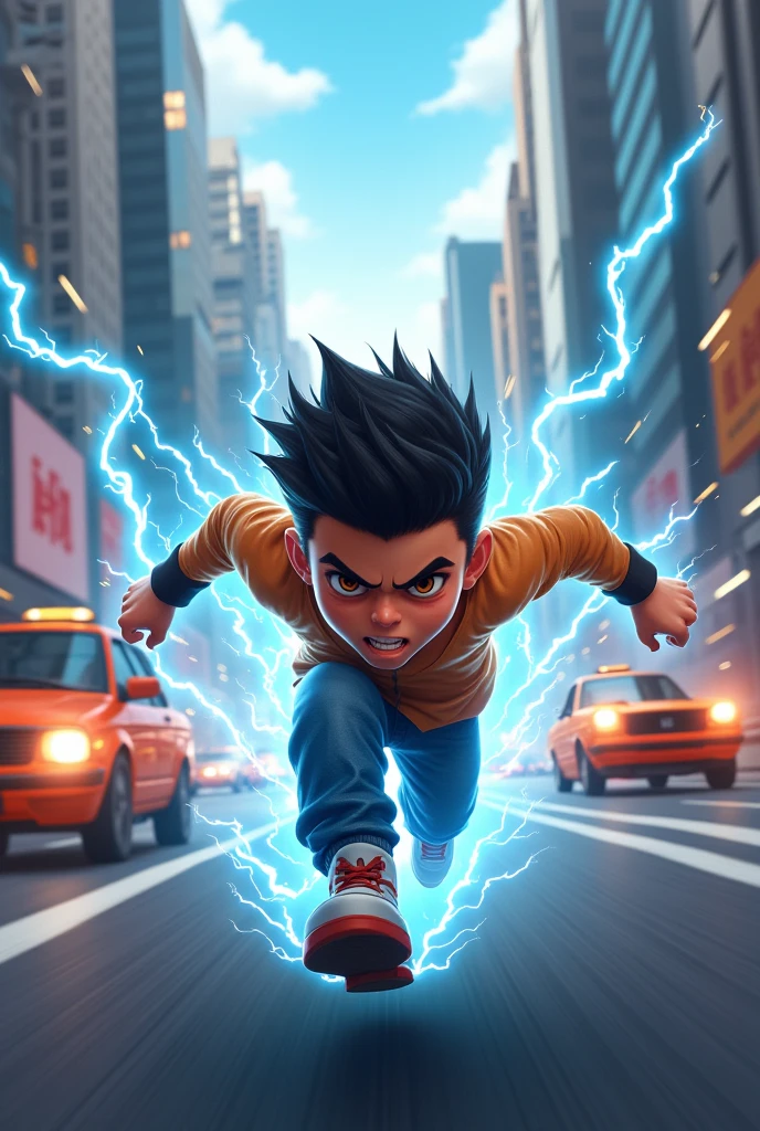 Cute energetic angry young boy, running on very high speed around the streets leaving vehicles behind him, blue and white electricity flowing around him.