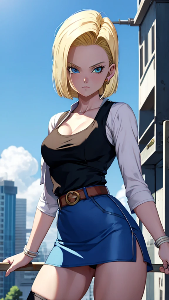 Android 18, from dragon ball, blue skirt, blonde short hair, blue eyes, city background, sexy look, showing armpits and pussy, half naked, perfect proportions. 