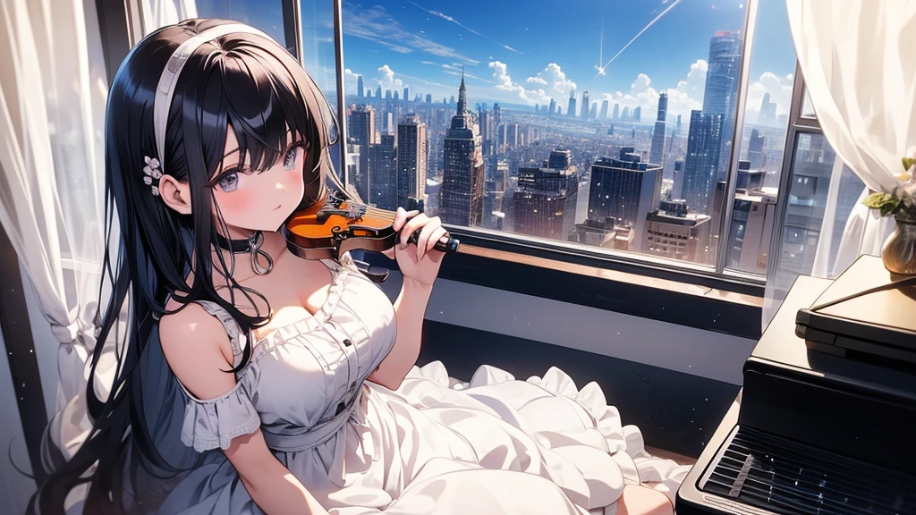 Ultra-high resolution, 8k, (masterpiece, mysterious:1.2), Works by Makoto Shinkaisei, Lo-fi feeling, Perfect human body engineering, 1 female, mysteriousな瞳, Her charm is her beautiful eyes, Idol, White ruffle dress, Shiny long black hair, Larger than average bust, Listening to music through headphones, Looking out the window, Room with musical instruments, city view from the window, impressive cityscape, Bright sky, meteor, Wide-angle, Before dusk, Break time during composition, Coffee in a mug,