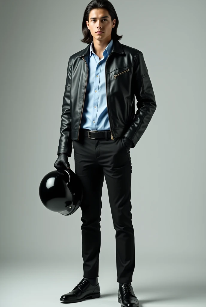 University male student so handsome with face clean shaved against the grain and long hair, holds black helmet and wears black formal shoes, black business pants, black leather belt with silver square automatic buckle and light blue formal shirt and his jacket is a biker zipped jacket that he has zipped up it and wears biker gloves.