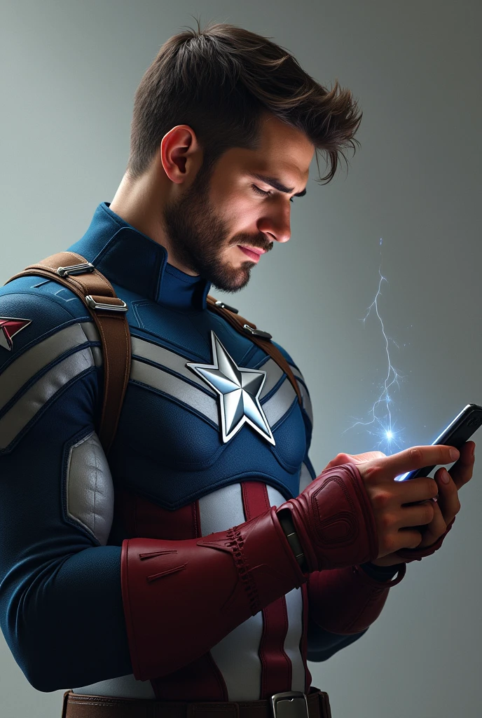 Captain America scrolling on his smartphone, creating content to post